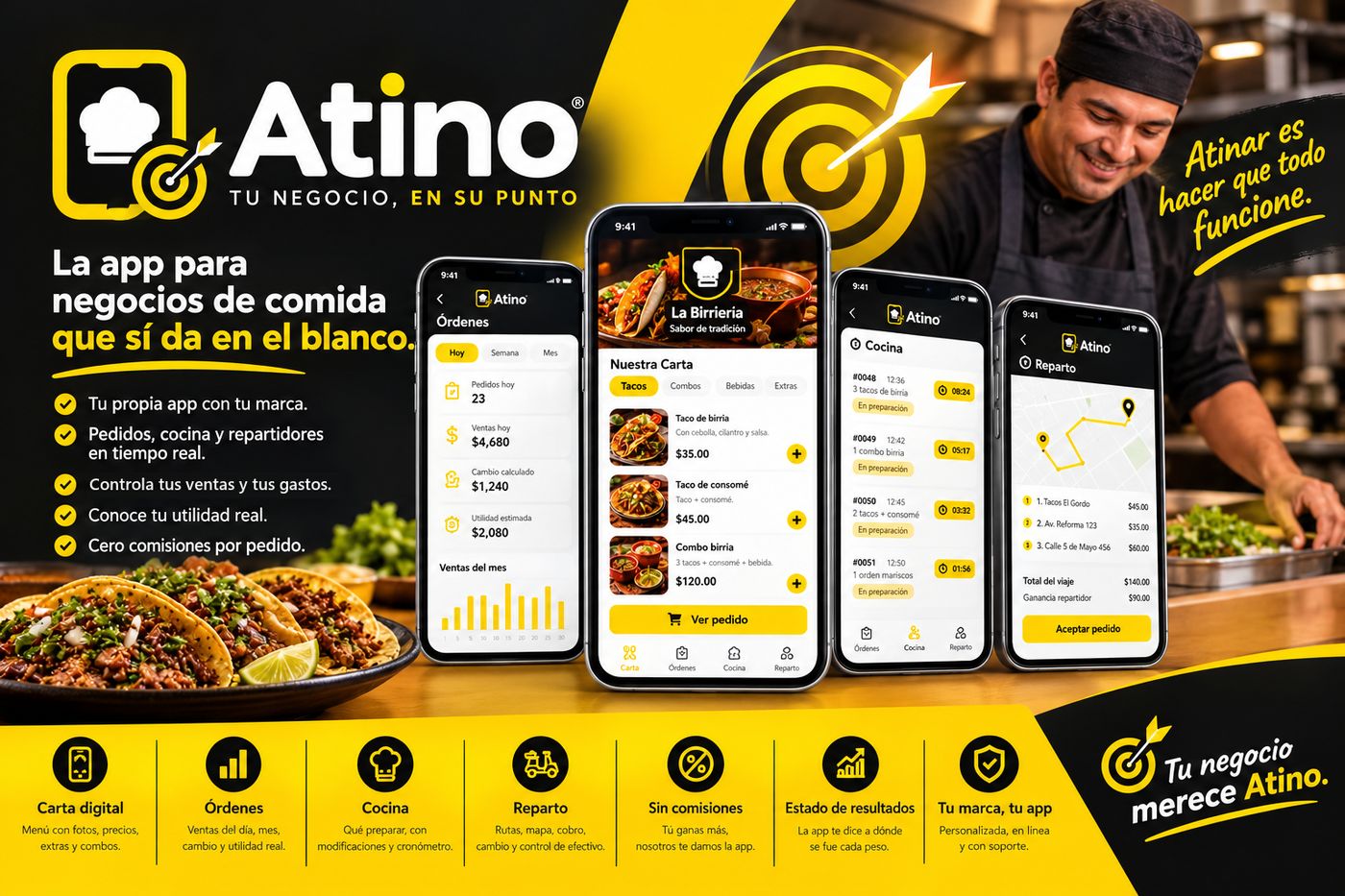 Atino, la app para negocios de comida que sí da en el blanco: carta, órdenes, cocina y reparto en el celular, sin comisiones por pedido