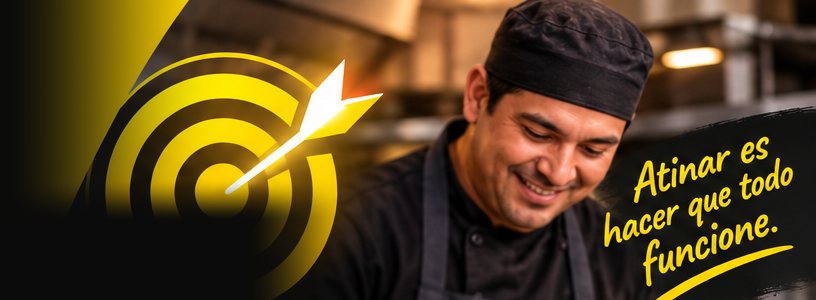 Un chef sonriendo junto a una diana amarilla: atinar es hacer que todo funcione