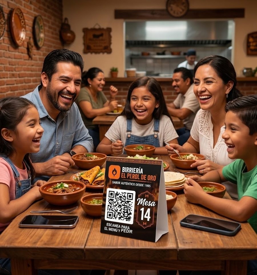 Una familia en la birriería, con el código QR de la mesa para ver el menú y pedir a su ritmo