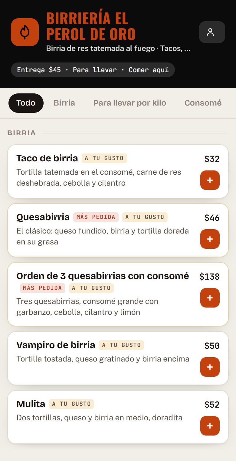 La carta de la birriería de ejemplo en el celular del cliente